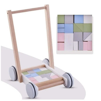 2-in-1 Wooden Push Cart Walker with Colored Blocks