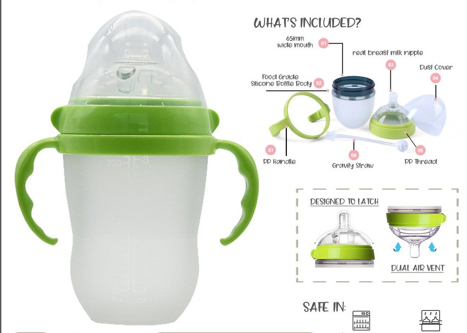 Silicone Wide Neck Feeding Baby Bottle Green with Straw and Handle 250ml like Comotomo