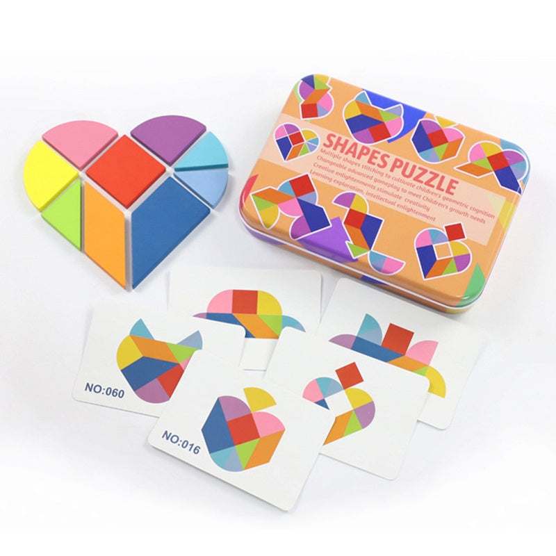 Wooden Tangram Shape Puzzle with Tin Can Toy