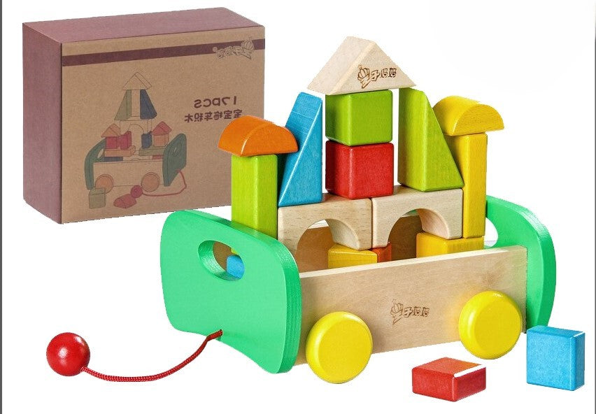 17pc Wooden Building Blocks Pull Toy Trolley