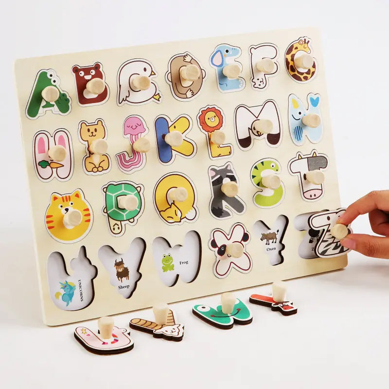 Wooden Animal Alphabet Puzzle Board with Knob Handle