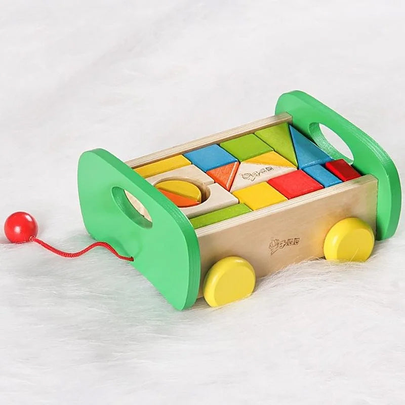 17pc Wooden Building Blocks Pull Toy Trolley