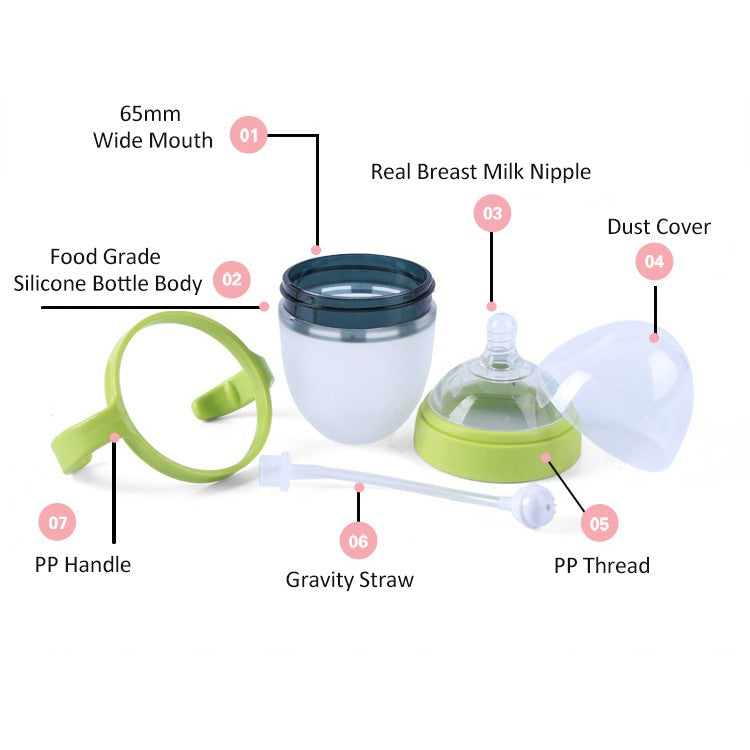 Silicone Wide Neck Feeding Baby Bottle Green with Straw and Handle 250ml like Comotomo