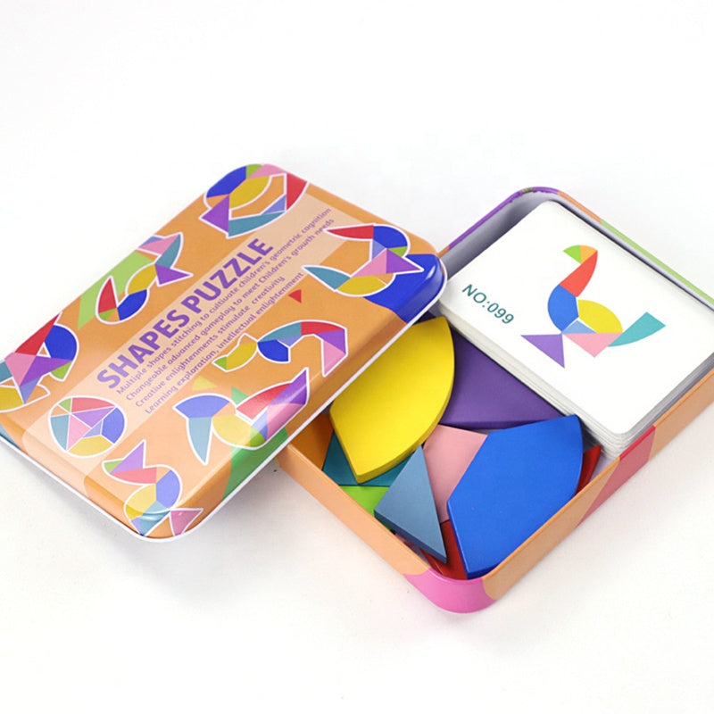 Wooden Tangram Shape Puzzle with Tin Can Toy