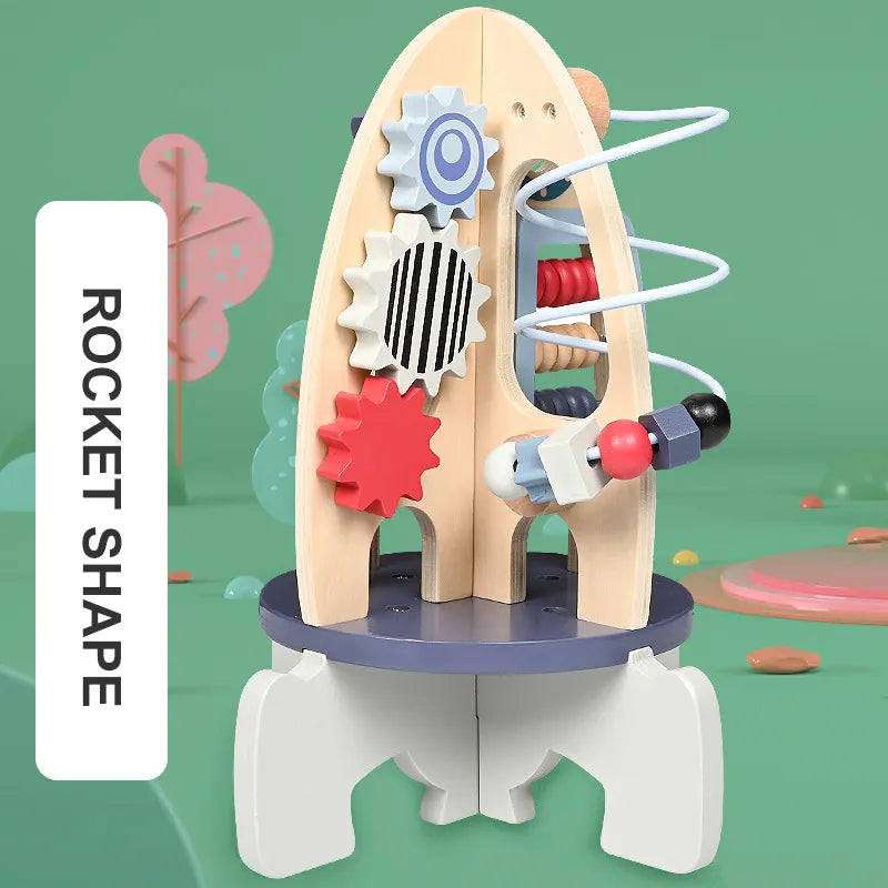 3-in-1 Wooden Rocket Busy Activity Cube Montessori Wooden Educational Toy