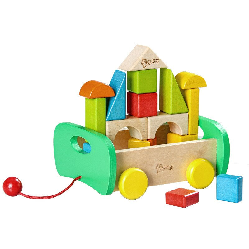 17pc Wooden Building Blocks Pull Toy Trolley