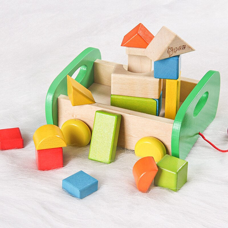 17pc Wooden Building Blocks Pull Toy Trolley