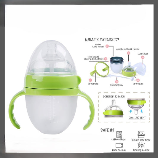 Silicone Wide Neck Feeding Baby Bottle Green with Straw and Handle 150ml like Comotomo