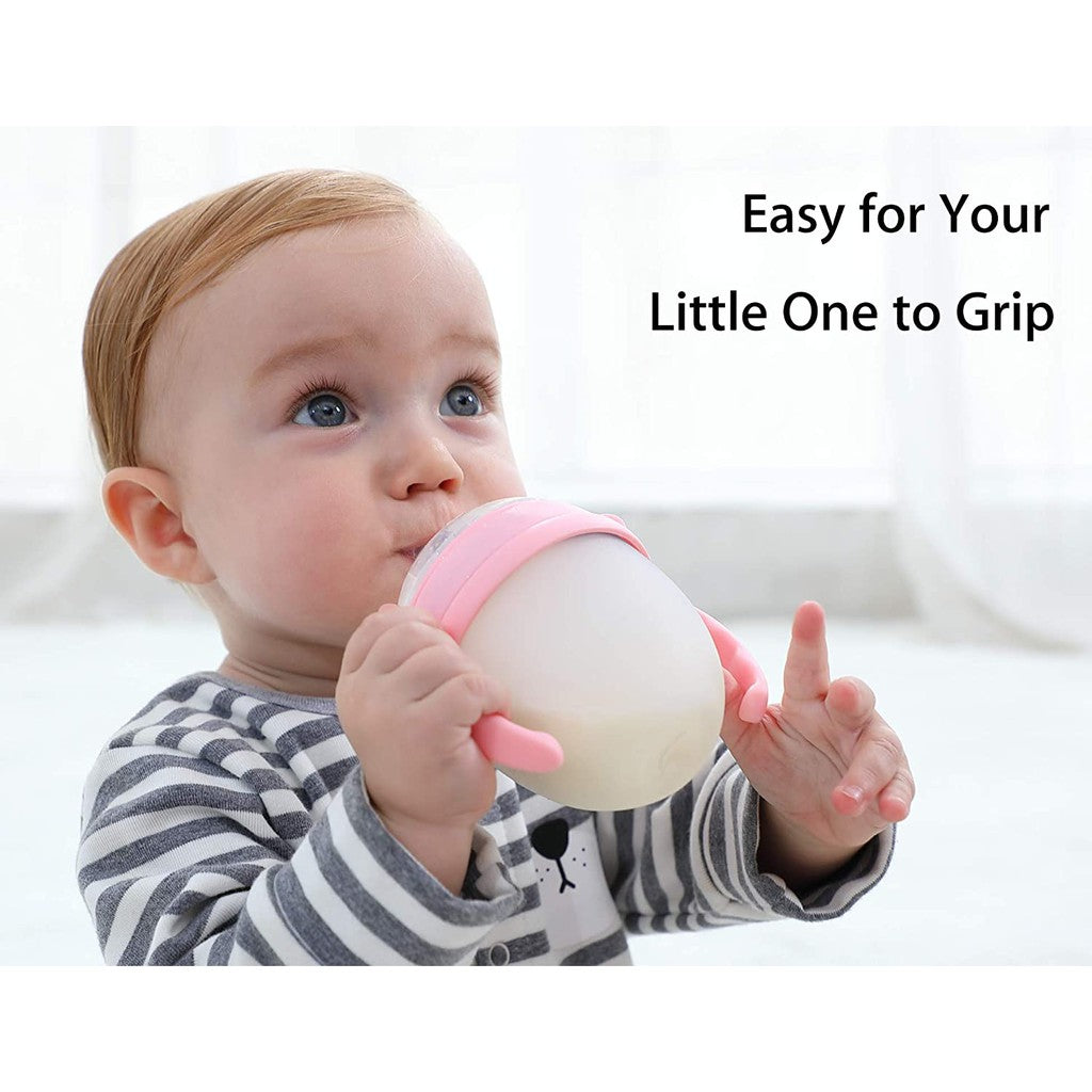 Silicone Wide Neck Feeding Baby Bottle Pink with Straw and Handle 150ml like Comotomo