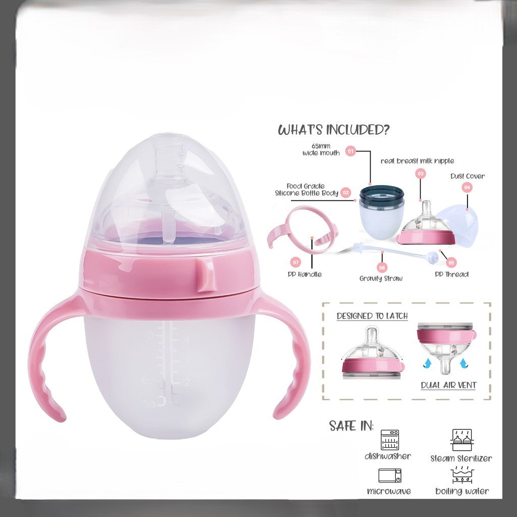 Silicone Wide Neck Feeding Baby Bottle Pink with Straw and Handle 150ml like Comotomo