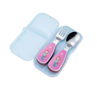 Cartoon Stainless Steel Toddler Training Spoon and Fork w/ Storage Case