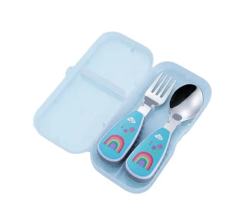 Cartoon Stainless Steel Toddler Training Spoon and Fork w/ Storage Case