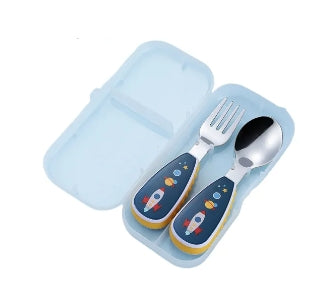 Cartoon Stainless Steel Toddler Training Spoon and Fork w/ Storage Case