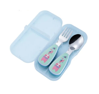 Cartoon Stainless Steel Toddler Training Spoon and Fork w/ Storage Case