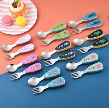 Cartoon Stainless Steel Toddler Training Spoon and Fork w/ Storage Case