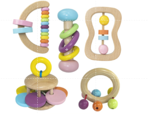 5pc Wooden Rainbow Rattle Teether Set