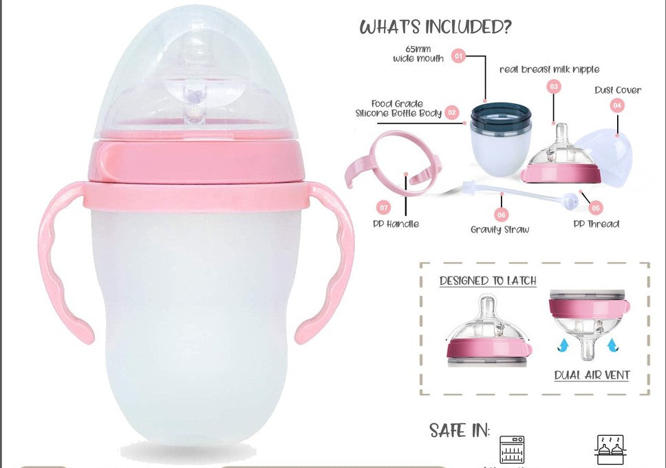 Silicone Wide Neck Feeding Baby Bottle Pink with Straw and Handle 250ml like Comotomo