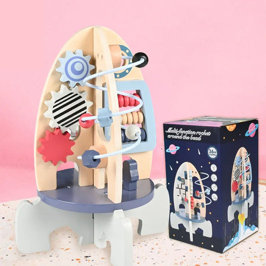 3-in-1 Wooden Rocket Busy Activity Cube Montessori Wooden Educational Toy