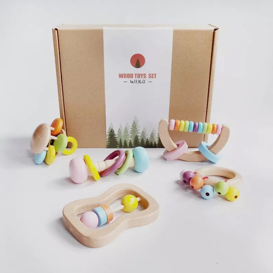 5pc Wooden Rainbow Rattle Teether Set