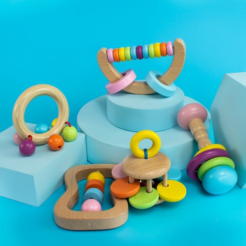 5pc Wooden Rainbow Rattle Teether Set