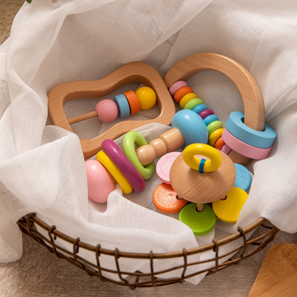 5pc Wooden Rainbow Rattle Teether Set