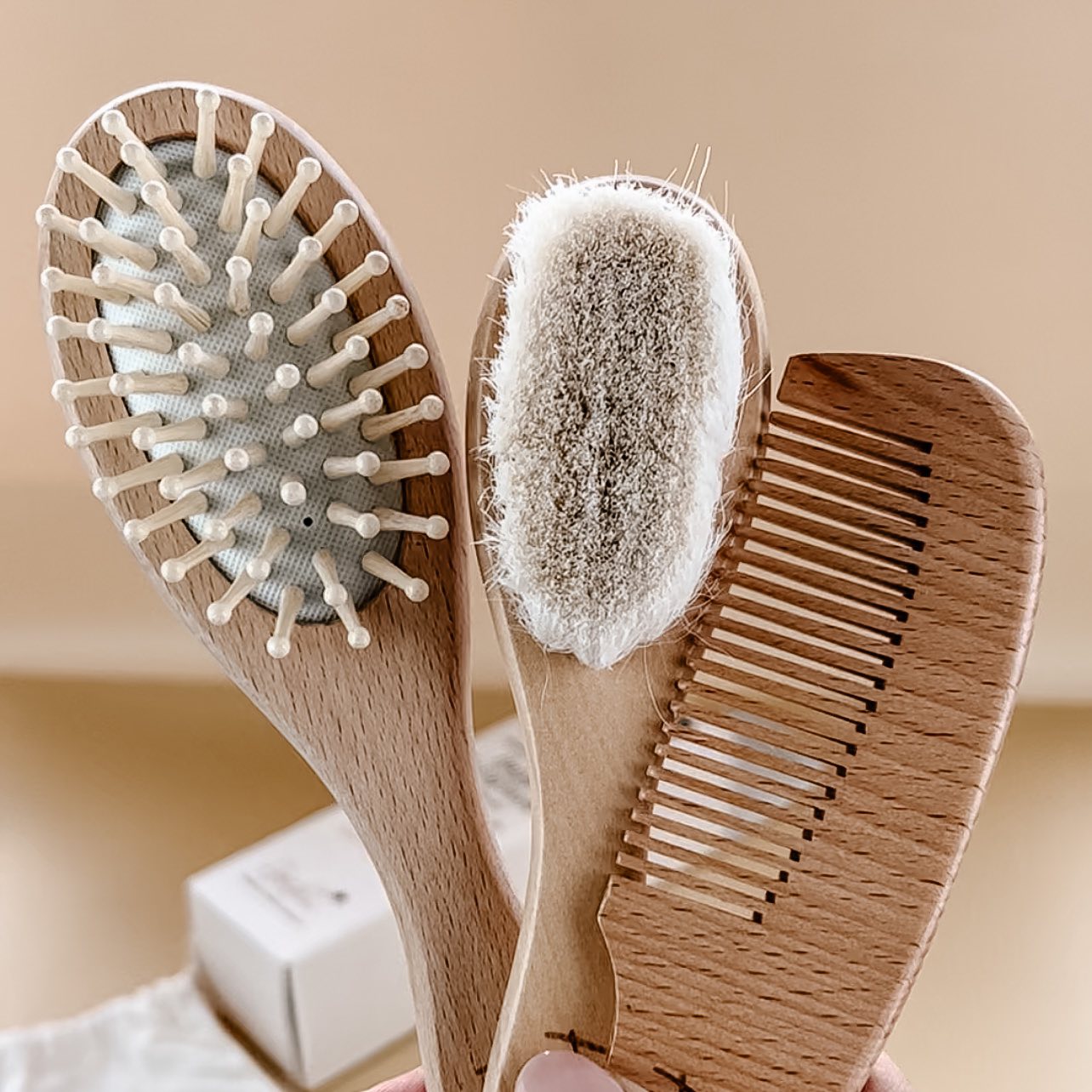3pc Natural Wooden Hairbrush Comb Set