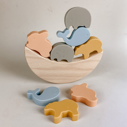 Silicone Animal Stacker with Wooden Moon Balancer