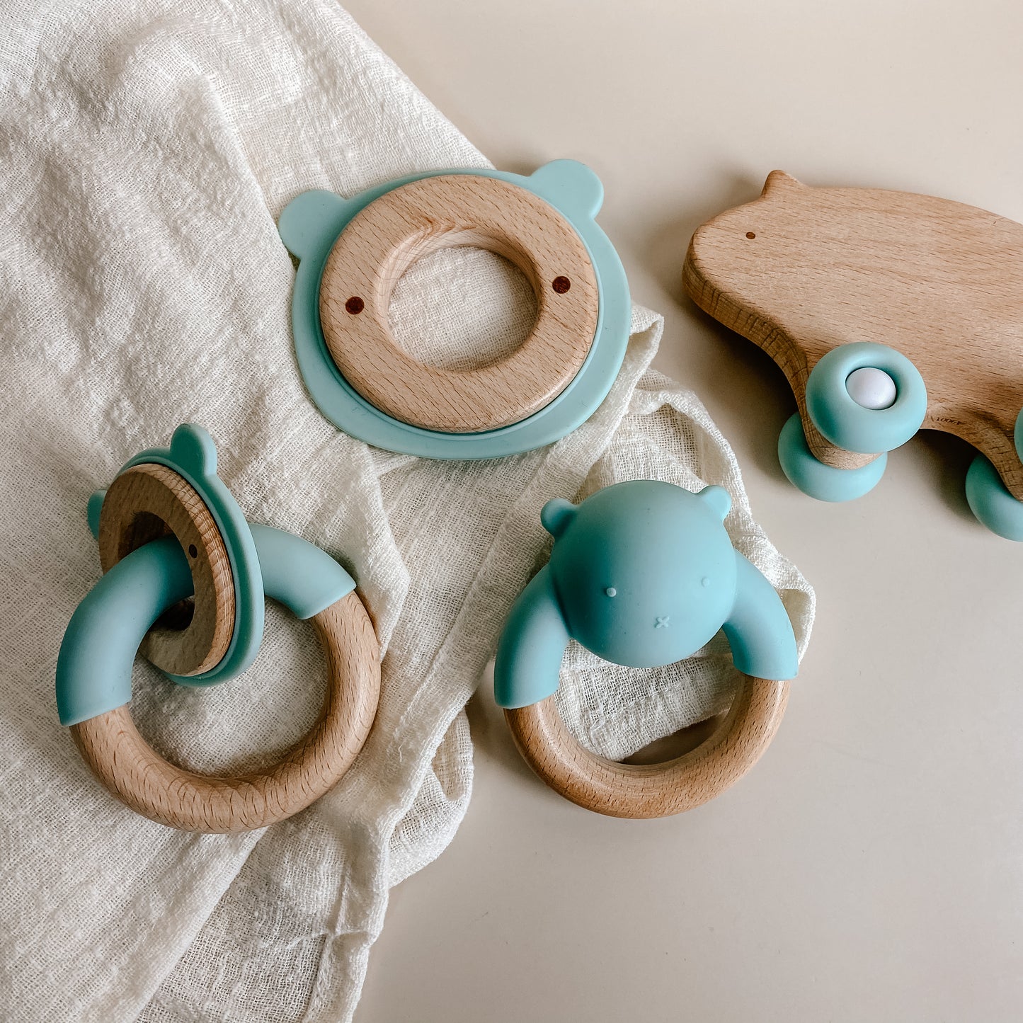 4pc Silicone and Wooden Teether Gift Set