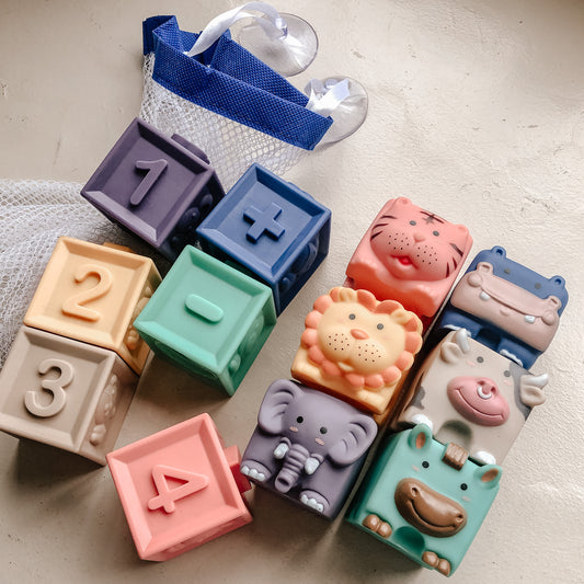 Silicone Soft Animal and Numbers Building Blocks with Storage Mesh