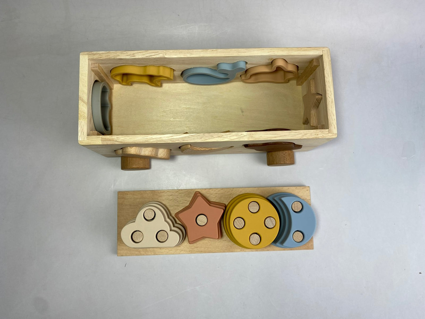 Silicone Animal and Celestial Shape Sorter with Wooden Base